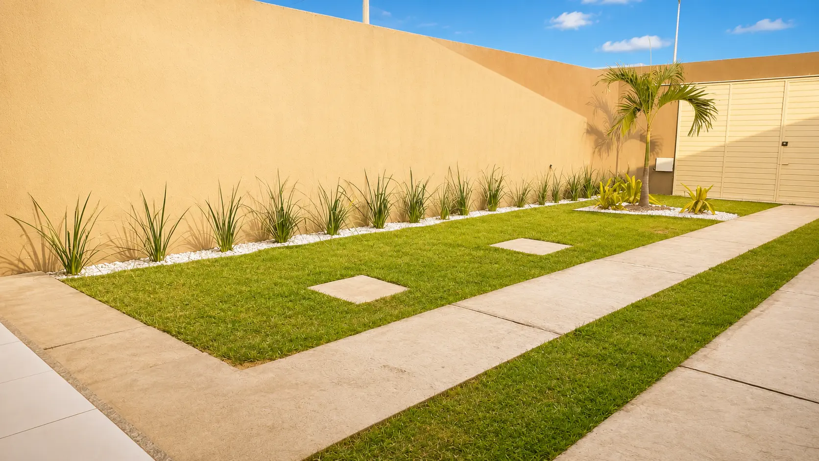 Área externa da casa com jardim e espaço para garagem